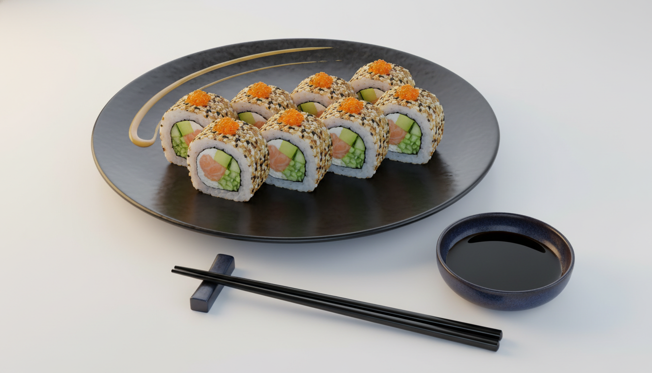 Rollos de sushi artesanal presentados sobre piedra oscura — Sushi Home